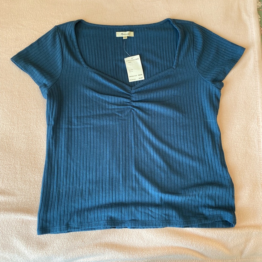 Madewell Deep Blue Ribbed Short Sleeve Top